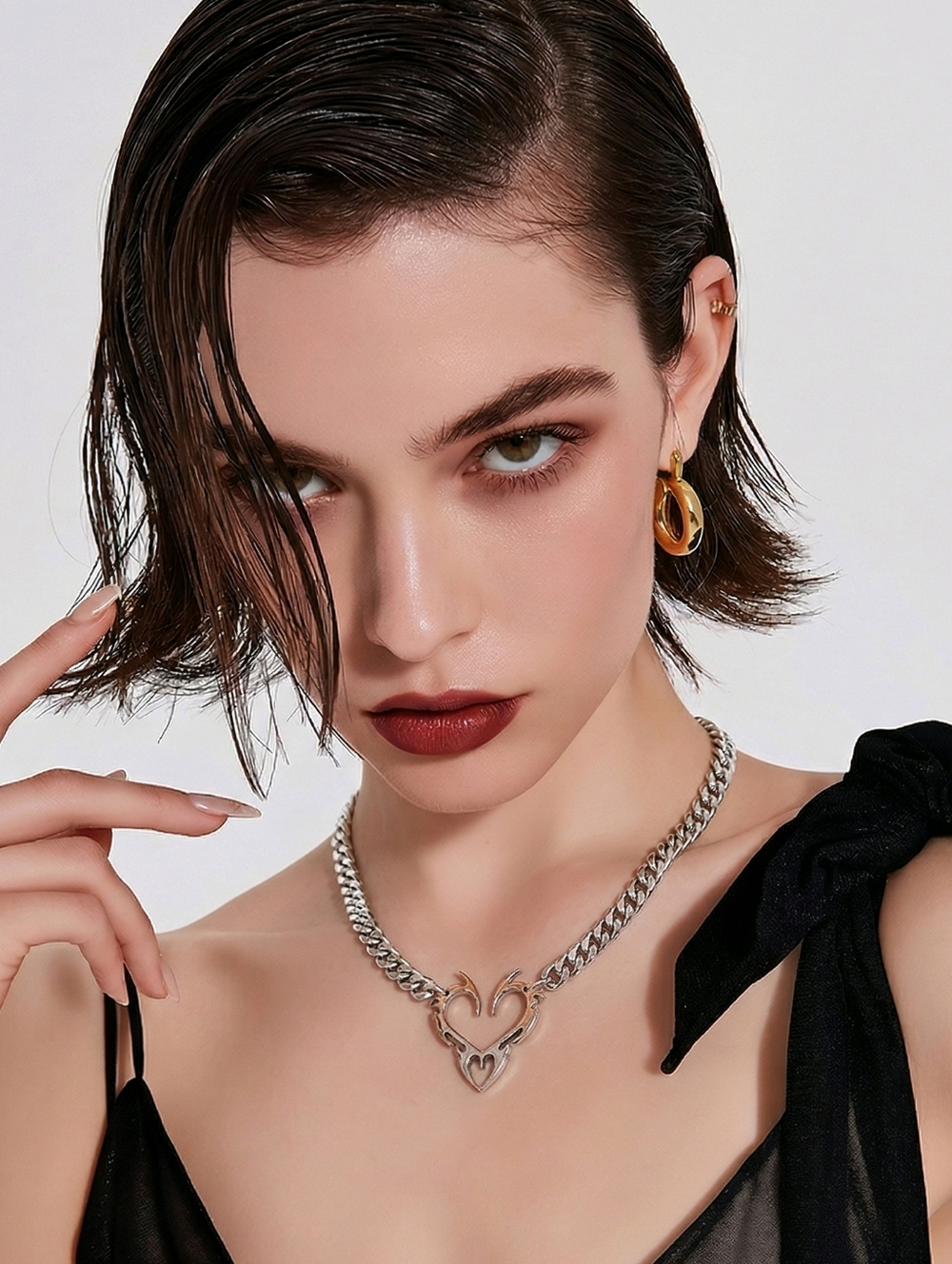 Flame Heart Necklace Gothic Barb Heart Cuban Chain Silver Bold Edgy Statement